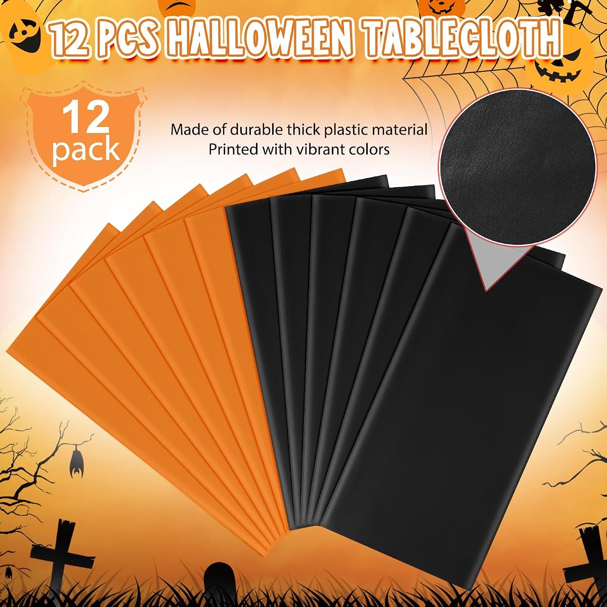 Halloween Orange and Black Rectangle Tablecloth, 54 x 108 inch, 12 pack view 4