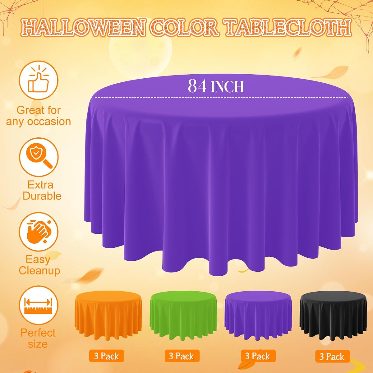 Halloween Orange and Black Round Tablecloth Orange Black Purple Green, 84 inch round, 12 pack view 2