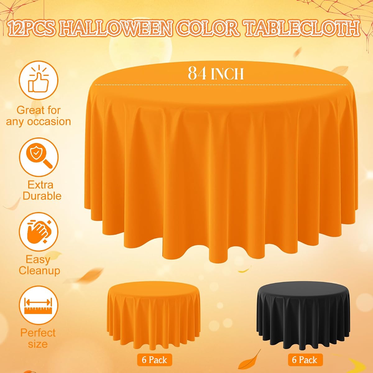 Halloween Orange and Black Round Tablecloth Plastic, 84 inch round, 12 pack view 2
