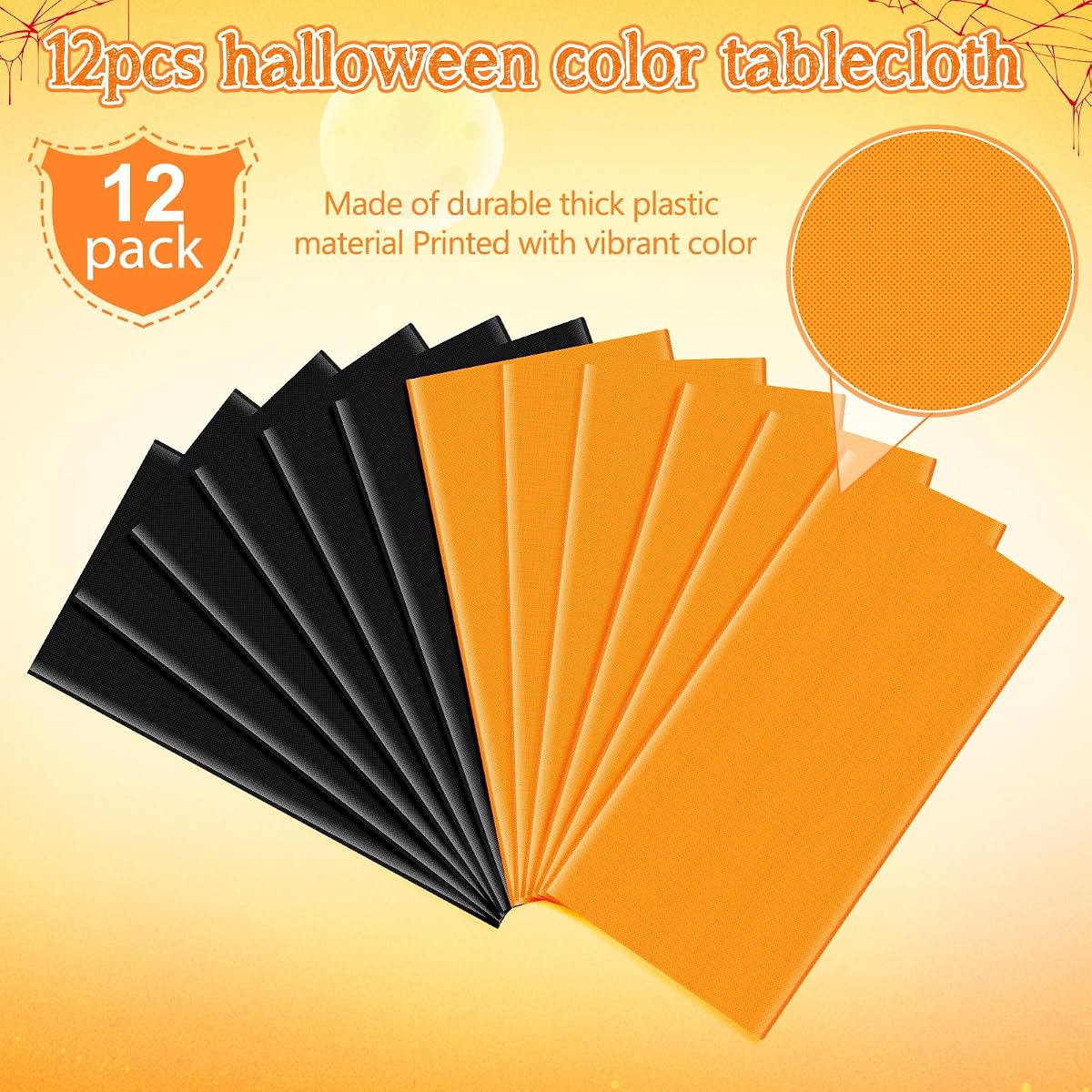 Halloween Orange and Black Round Tablecloth Plastic, 84 inch round, 12 pack view 3