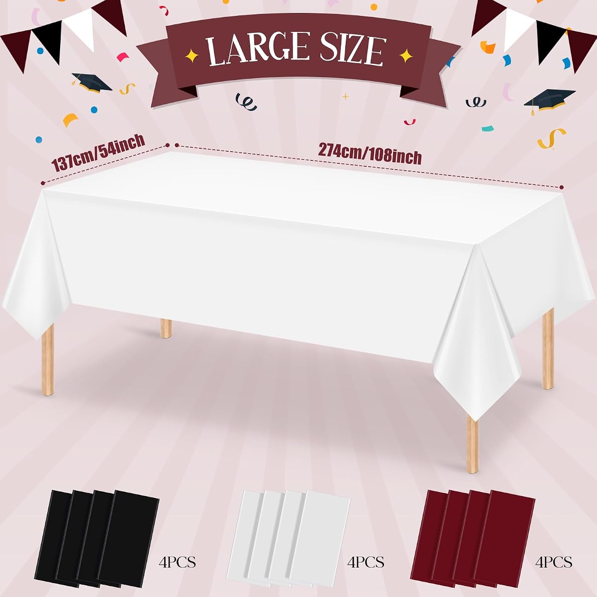 Maroon and Black Rectangle Tablecloth, 54 x 108 inch, 12 pack view 2