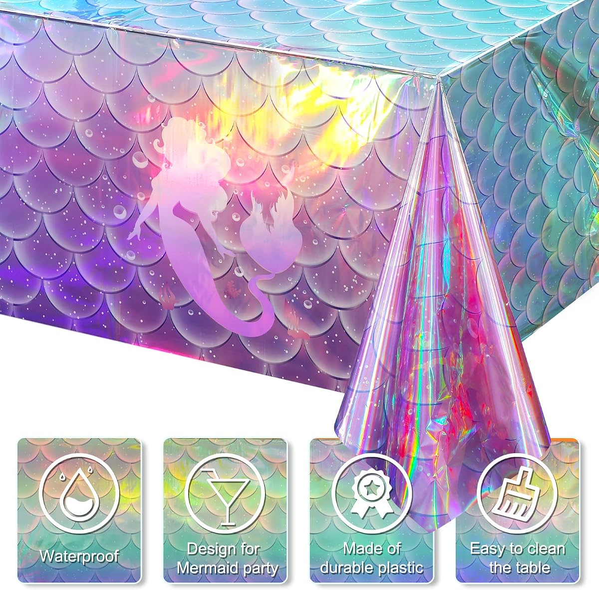 Mermaid Iridescence and Holographic Rectangle Tablecloth, 54 x 108 inch, 1 pack view 4