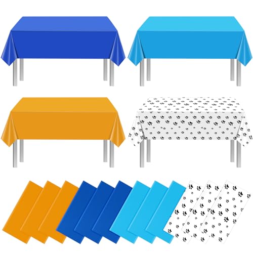 Paw Print Blue and Orange Rectangle Tablecloth, 54 x 108 inch, 12 pack