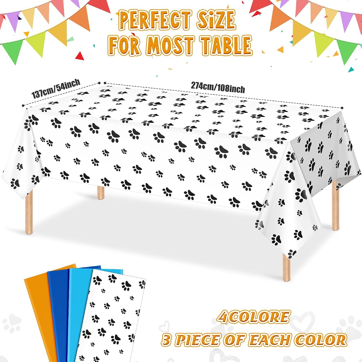 Paw Print Blue and Orange Rectangle Tablecloth, 54 x 108 inch, 12 pack view 2