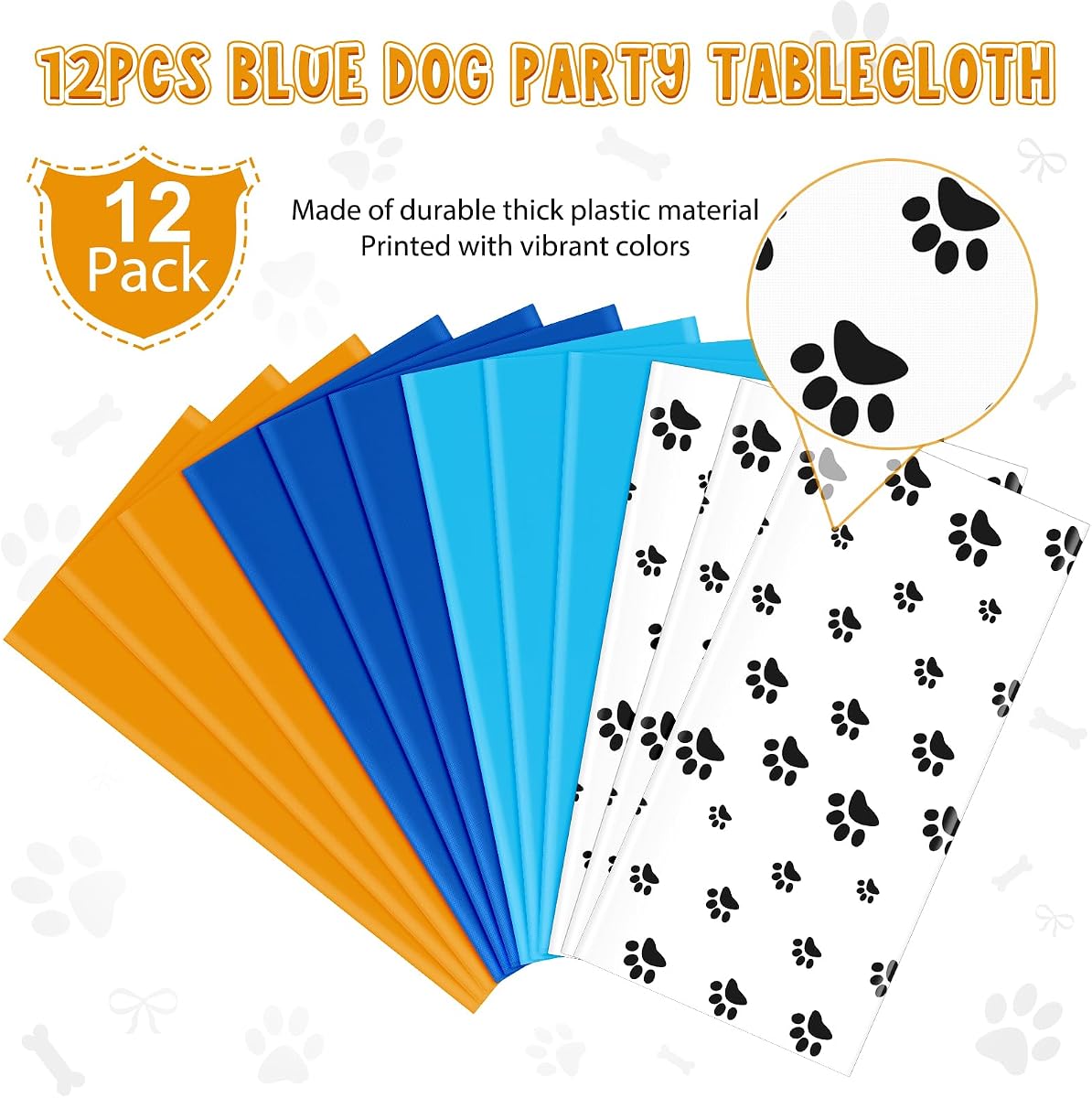 Paw Print Blue and Orange Rectangle Tablecloth, 54 x 108 inch, 12 pack view 4