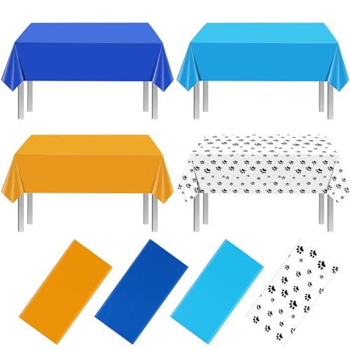 Paw Print Blue and Orange Rectangle Tablecloth, 54 x 108 inch, 4 pack