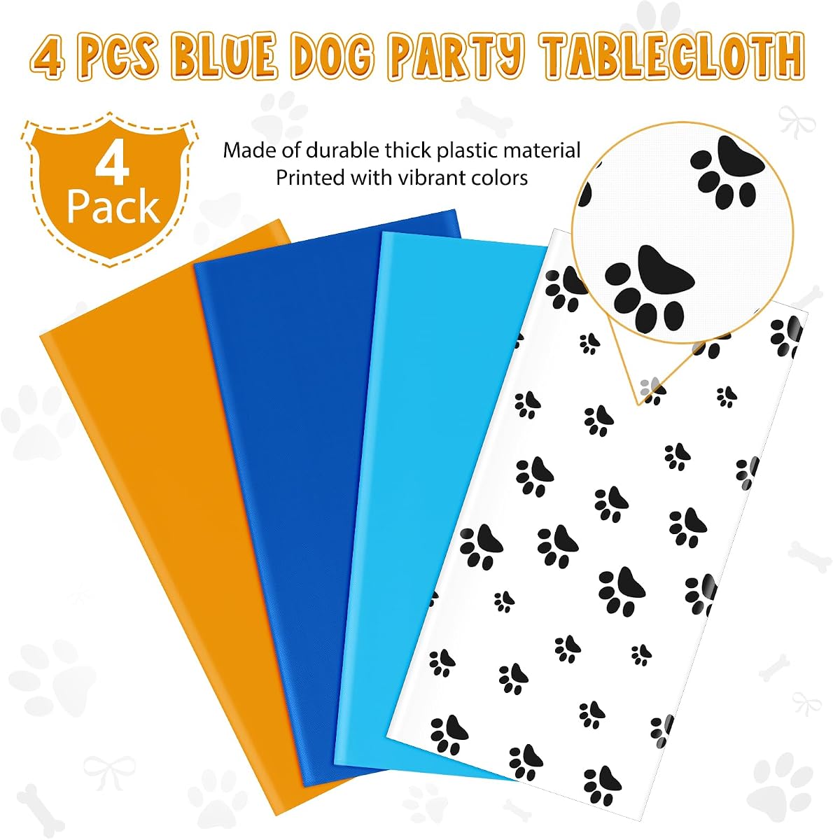 Paw Print Blue and Orange Rectangle Tablecloth, 54 x 108 inch, 4 pack view 4