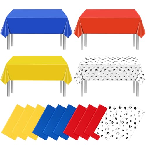 Paw Print Blue and Red Rectangle Tablecloth, 54 x 108 inch, 12 pack