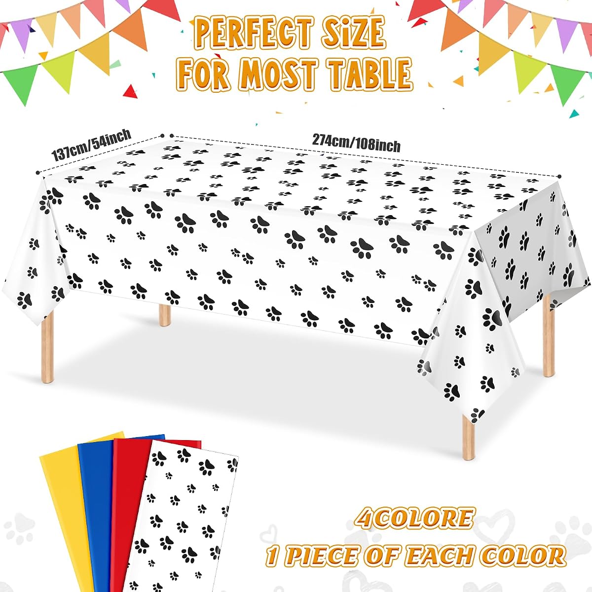 Paw Print Blue and Red Rectangle Tablecloth, 54 x 108 inch, 12 pack view 2