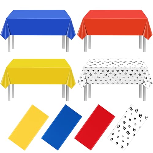 Paw Print Blue and Red Rectangle Tablecloth, 54 x 108 inch, 4 pack