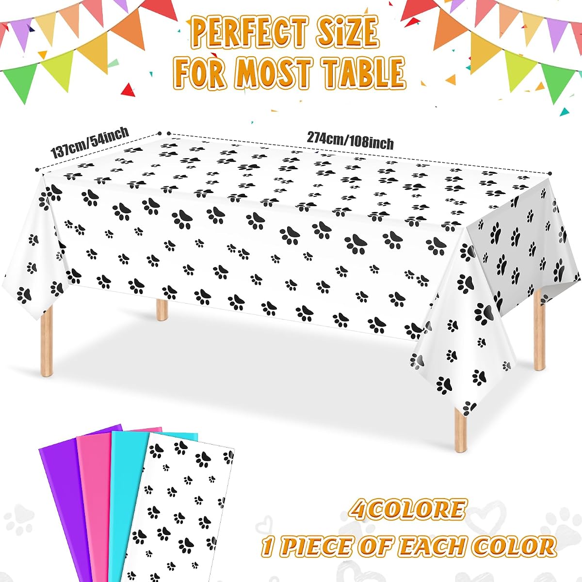 Paw Print Purple and Pink Rectangle Tablecloth, 54 x 108 inch, 4 pack view 2