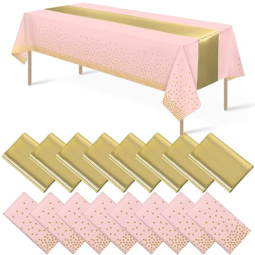 Pink and Gold Tablecloth and Runner Set, 16 pack