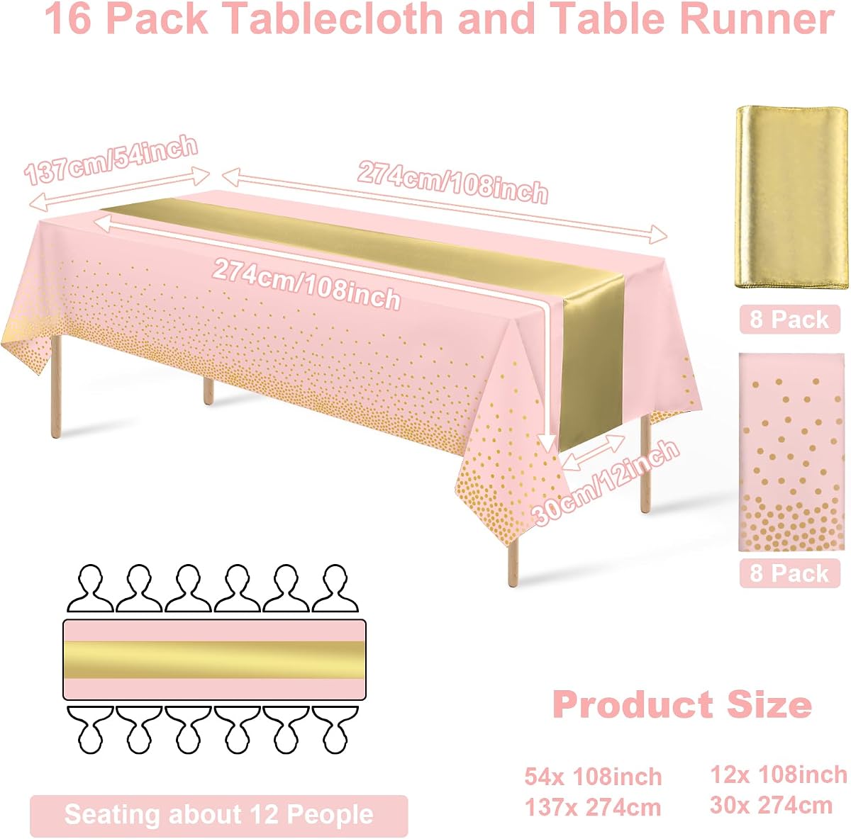 Pink and Gold Tablecloth and Runner Set, 16 pack view 2