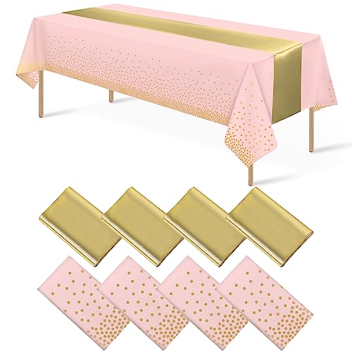 Pink and Gold Tablecloth and Runner Set, 8 pack