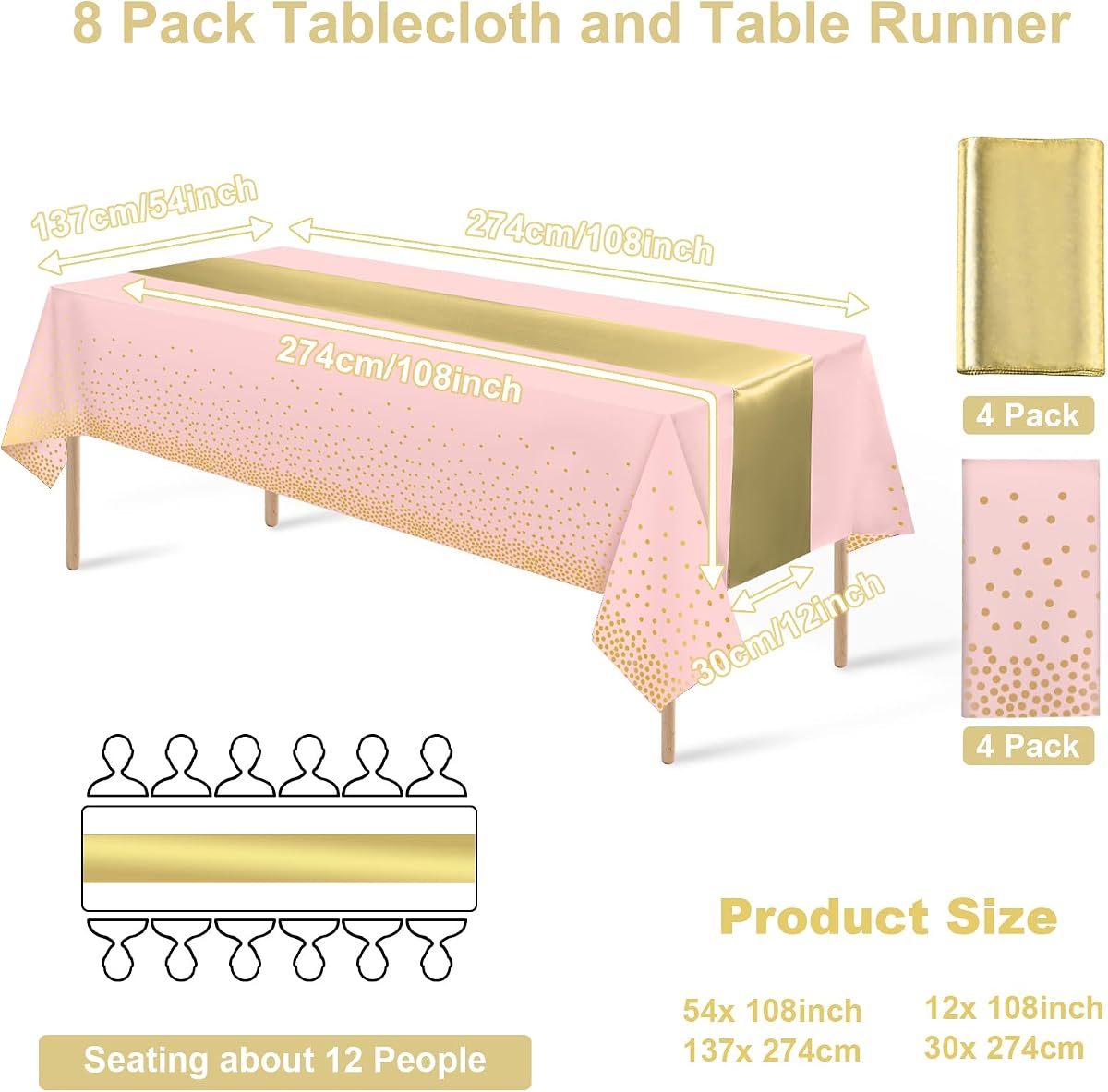 Pink and Gold Tablecloth and Runner Set, 8 pack view 2