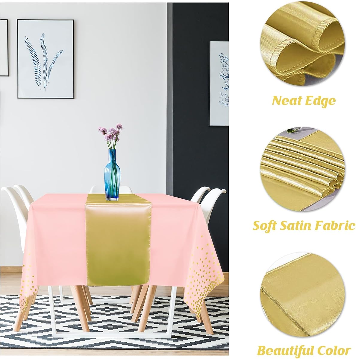 Pink and Gold Tablecloth and Runner Set, 8 pack view 3