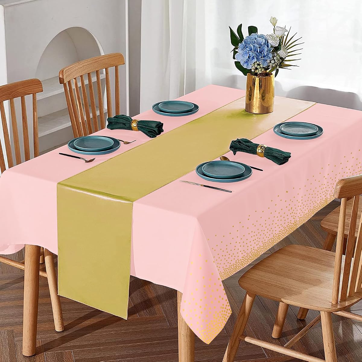 Pink and Gold Tablecloth and Runner Set, 8 pack view 4