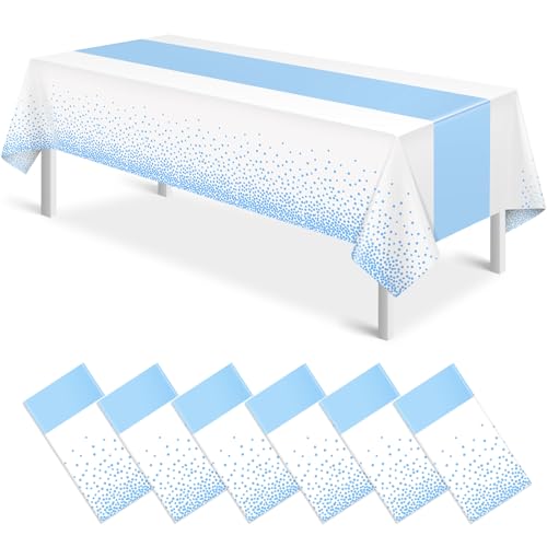 Polka Dot White and Light Blue Rectangle Tablecloth, 54 x 108 inch, 6 pack