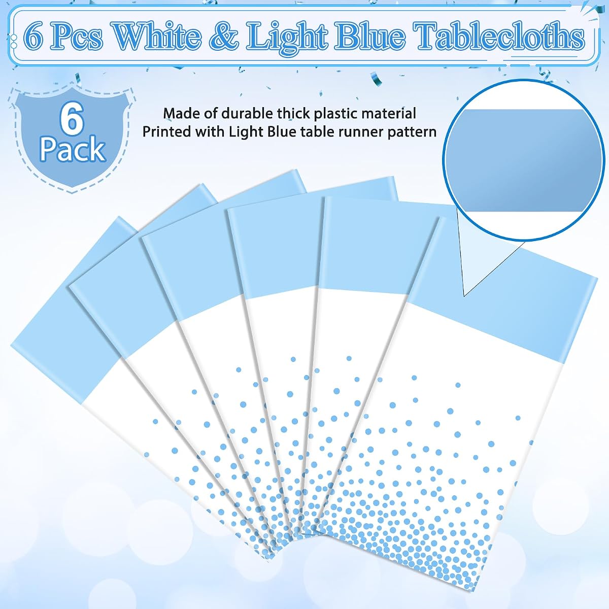 Polka Dot White and Light Blue Rectangle Tablecloth, 54 x 108 inch, 6 pack view 4