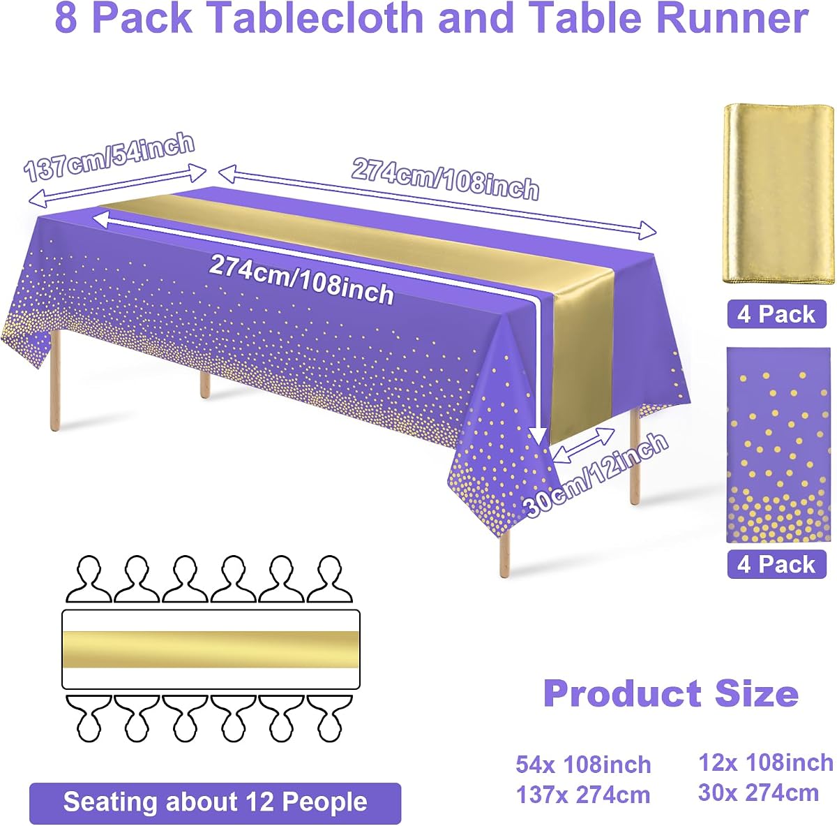 Purple and Gold Tablecloth and Runner Set, 8 pack view 2