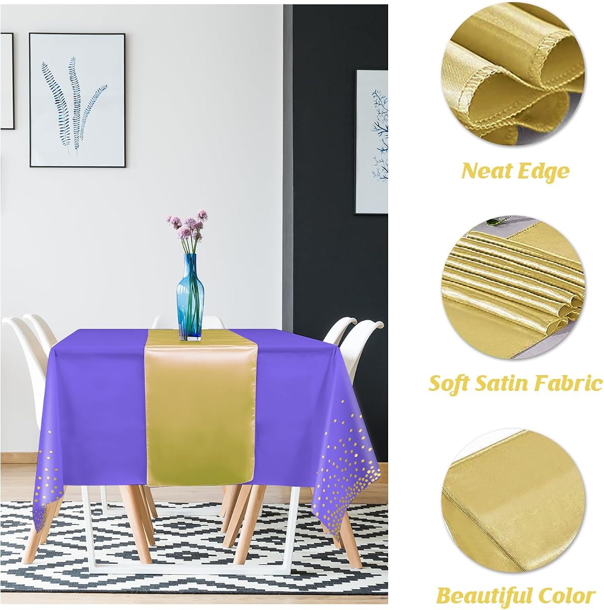 Purple and Gold Tablecloth and Runner Set, 8 pack view 3