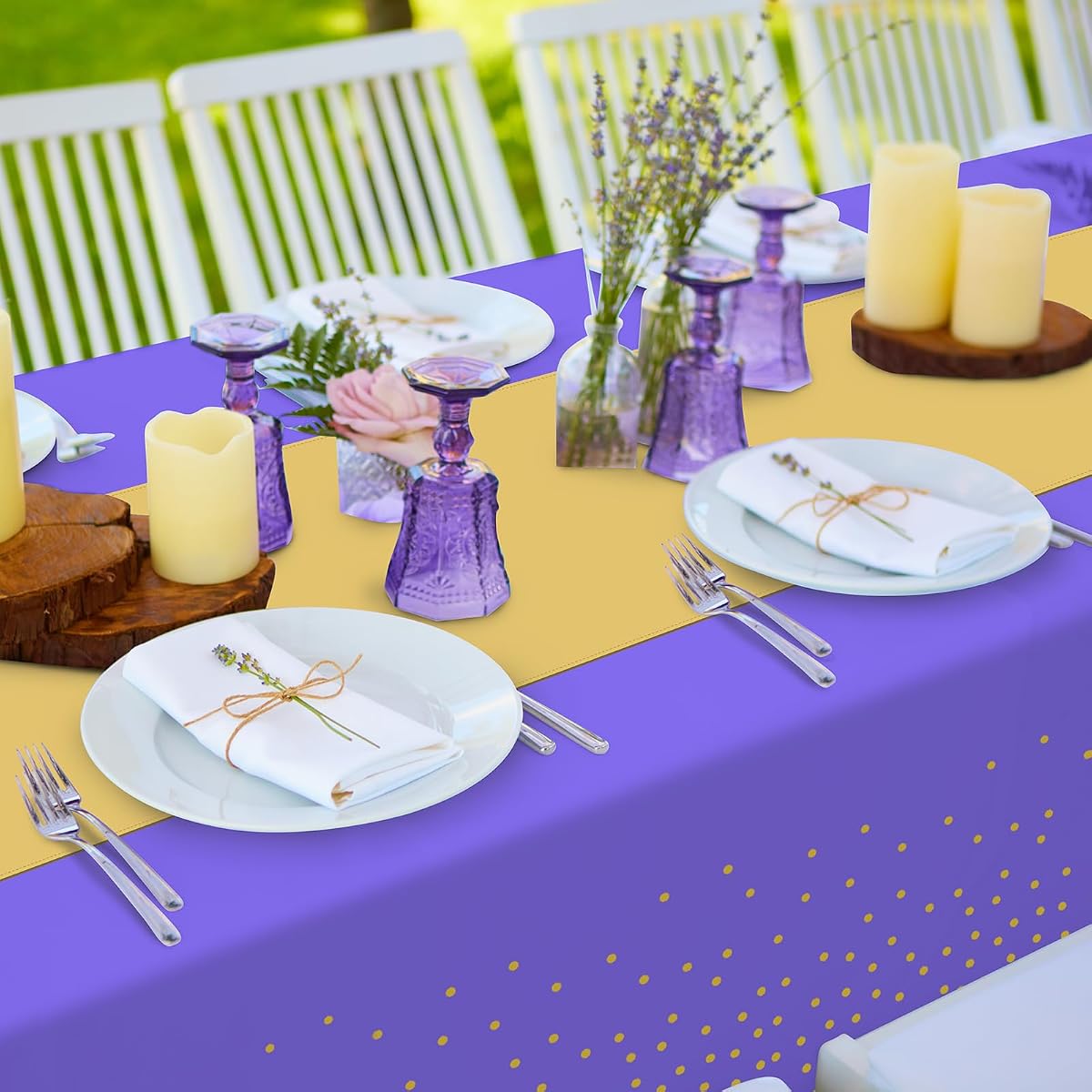 Purple and Gold Tablecloth and Runner Set, 8 pack view 4