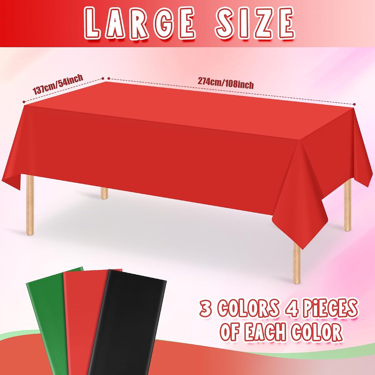 Red and Black Rectangle Tablecloth Plastic, 54 x 108 inch, 12 pack view 2