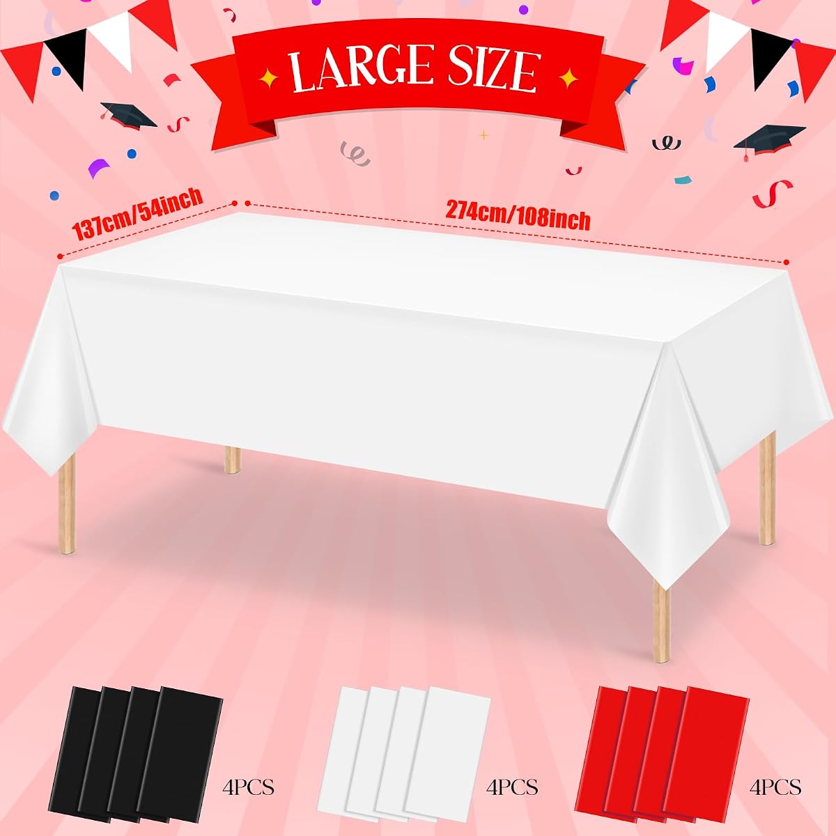 Red and Black Rectangle Tablecloth Red Black White, 54 x 108 inch, 12 pack view 2