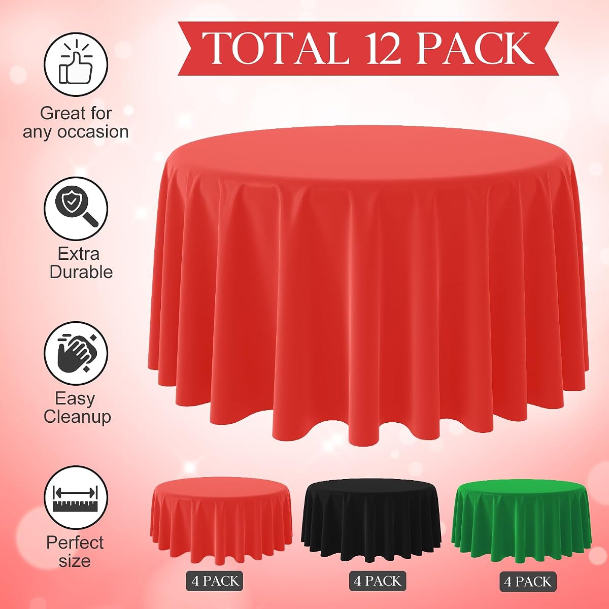 Red and Black Round Tablecloth Plastic, 84 inch round, 12 pack view 3