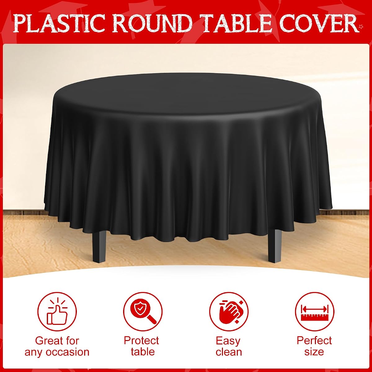 Red and Black Round Tablecloth Red Black White, 84 inch round, 12 pack view 4