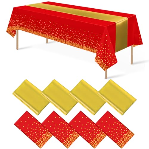 Red and Gold Tablecloth and Runner Set, 8 pack