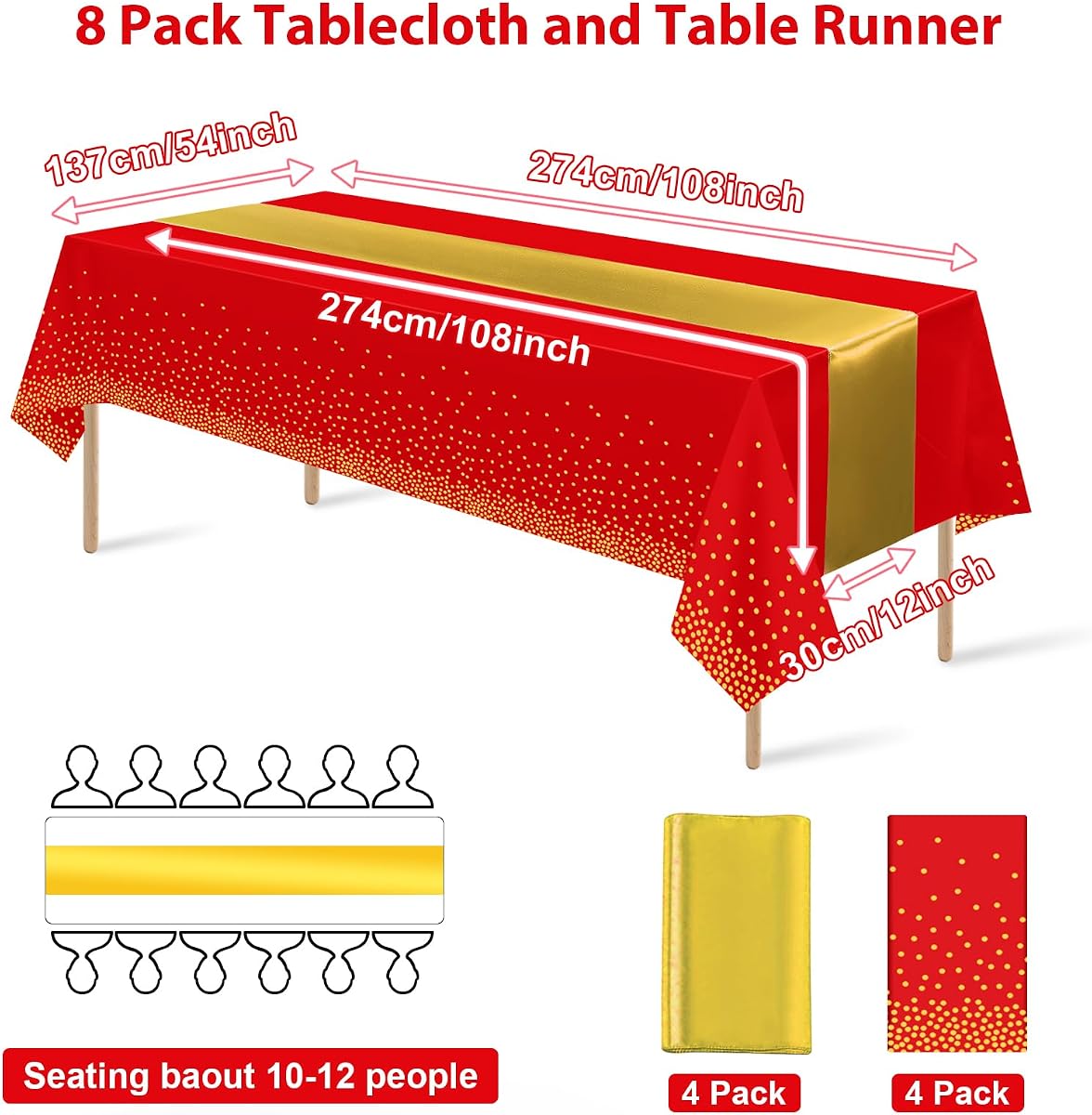 Red and Gold Tablecloth and Runner Set, 8 pack view 2