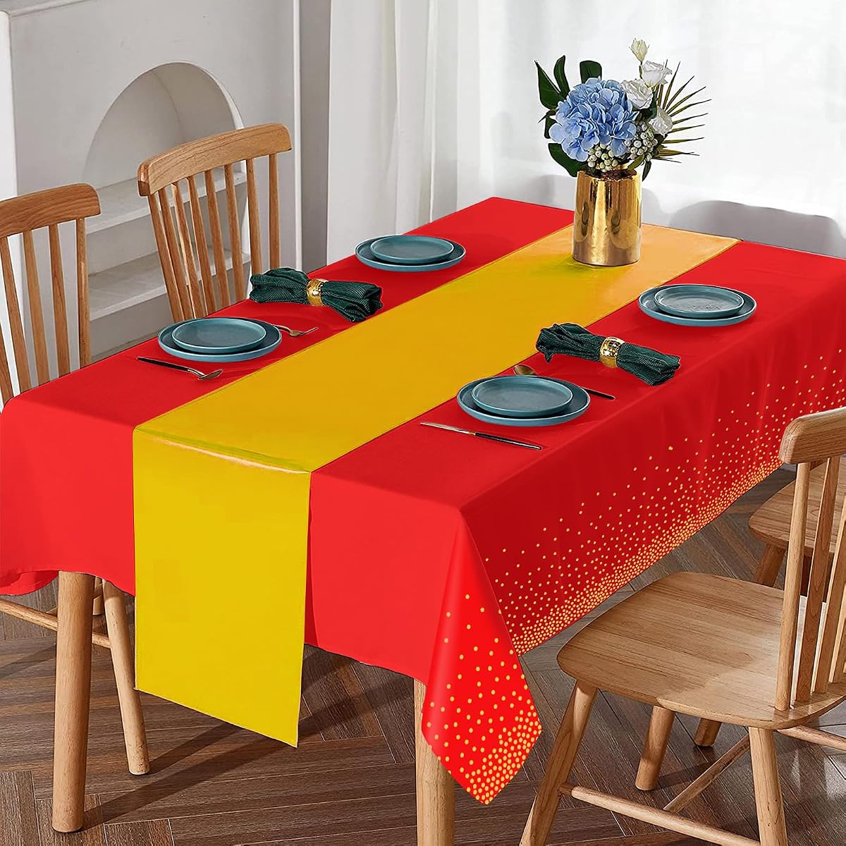 Red and Gold Tablecloth and Runner Set, 8 pack view 4