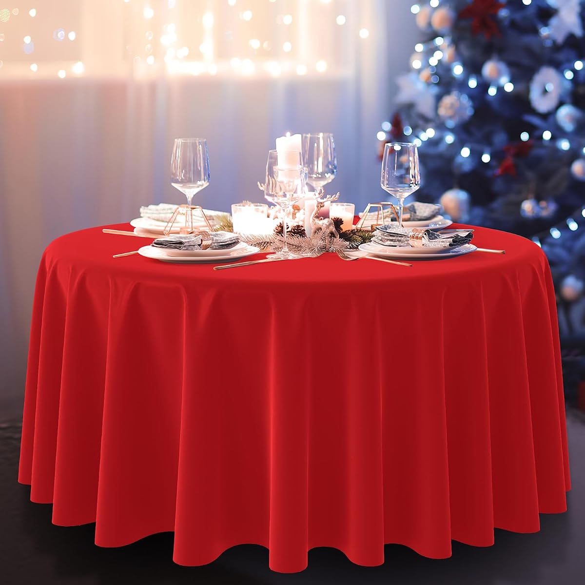 Red and Green Round Tablecloth, 84 inch round, 12 pack view 4