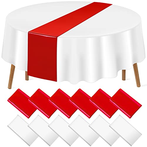 Red and White Round Tablecloth and Runner Set, 84 inch round, 12 pack