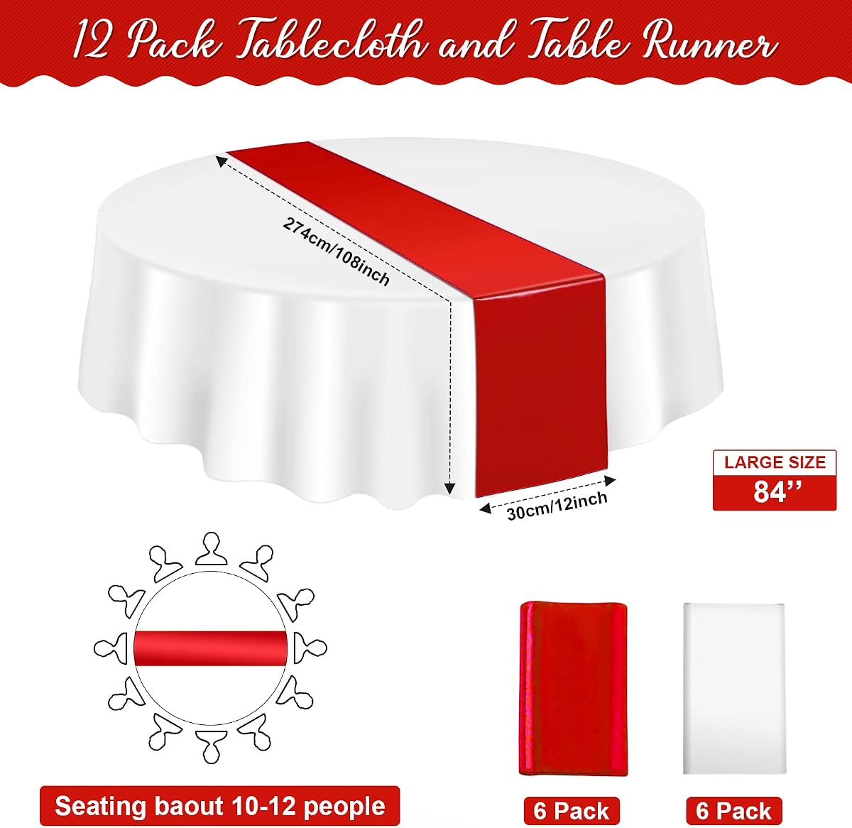 Red and White Round Tablecloth and Runner Set, 84 inch round, 12 pack view 2