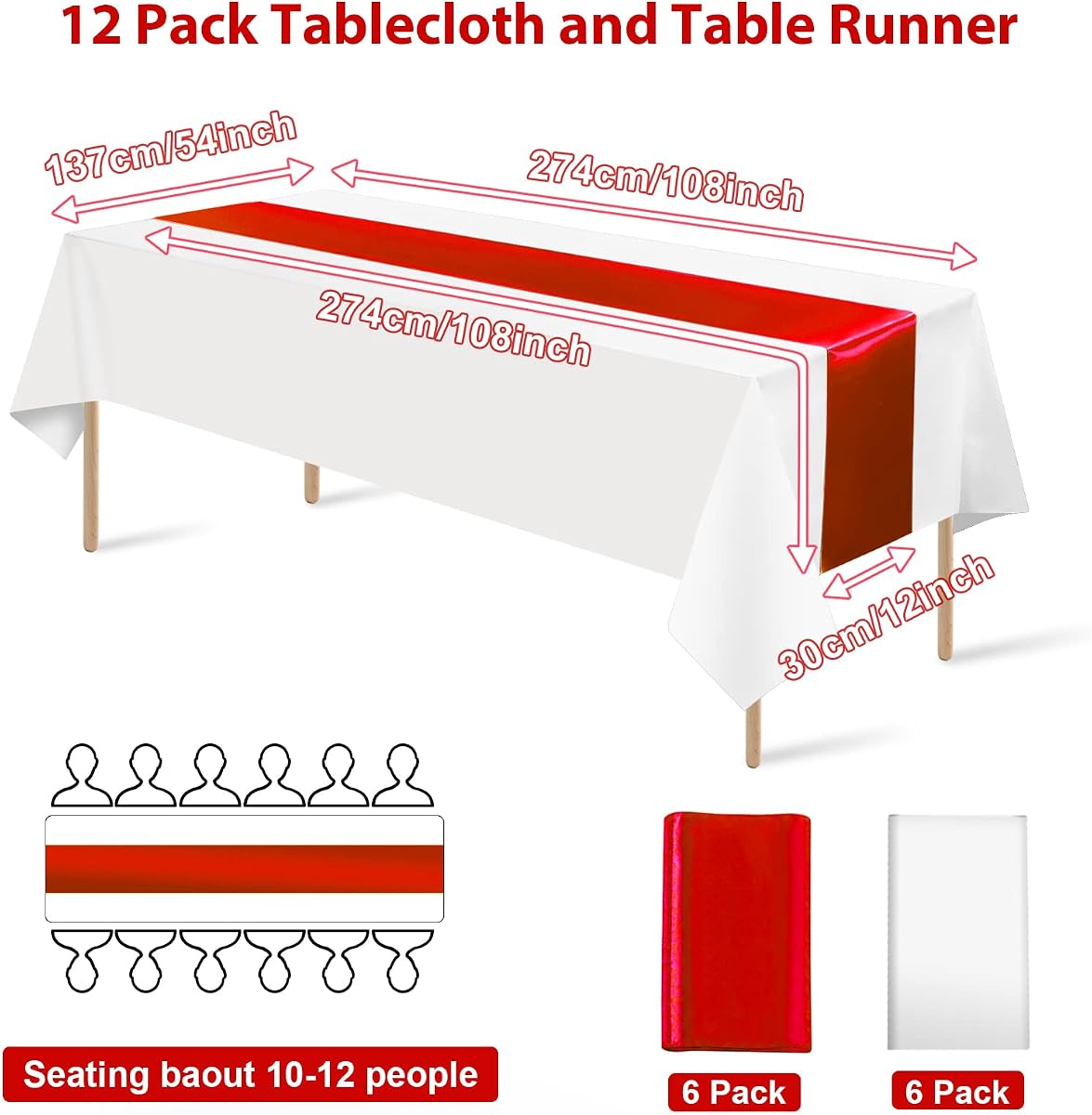 Red and White Tablecloth and Runner Set, 54 x 108 inch, 12 pack view 2
