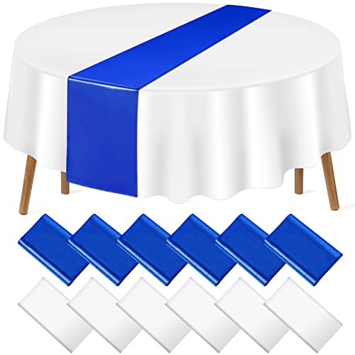 Royal Blue and White Round Tablecloth and Runner Set, 84 inch round, 12 pack