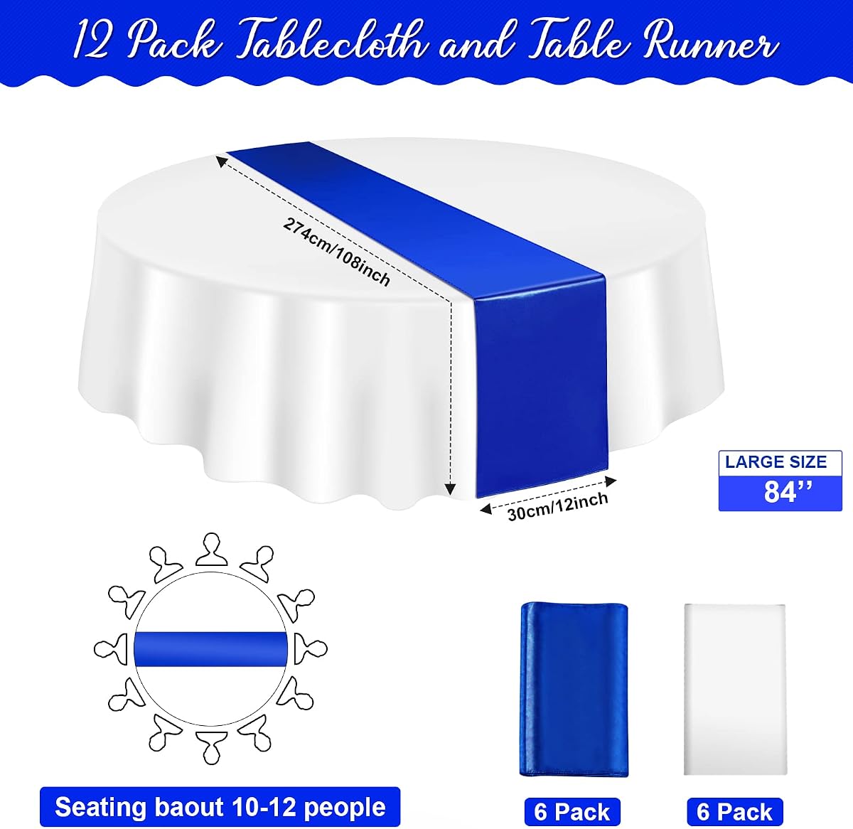 Royal Blue and White Round Tablecloth and Runner Set, 84 inch round, 12 pack view 2