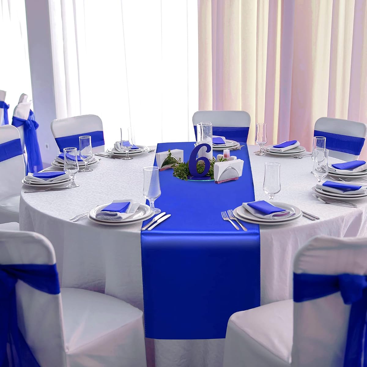 Royal Blue and White Round Tablecloth and Runner Set, 84 inch round, 12 pack view 4