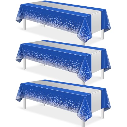 Silver and Royal Blue Tablecloth and Runner Set, 54 x 108 inch, 3 pack