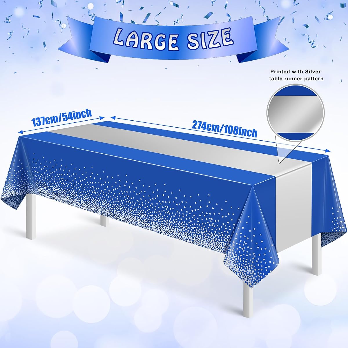 Silver and Royal Blue Tablecloth and Runner Set, 54 x 108 inch, 3 pack view 2