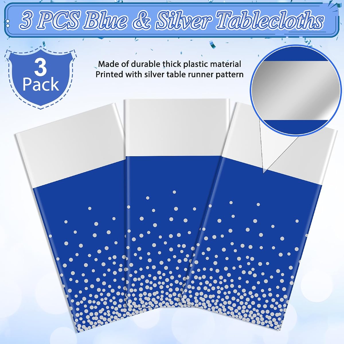 Silver and Royal Blue Tablecloth and Runner Set, 54 x 108 inch, 3 pack view 4