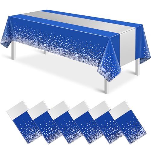 Silver and Royal Blue Tablecloth and Runner Set, 54 x 108 inch, 6 pack