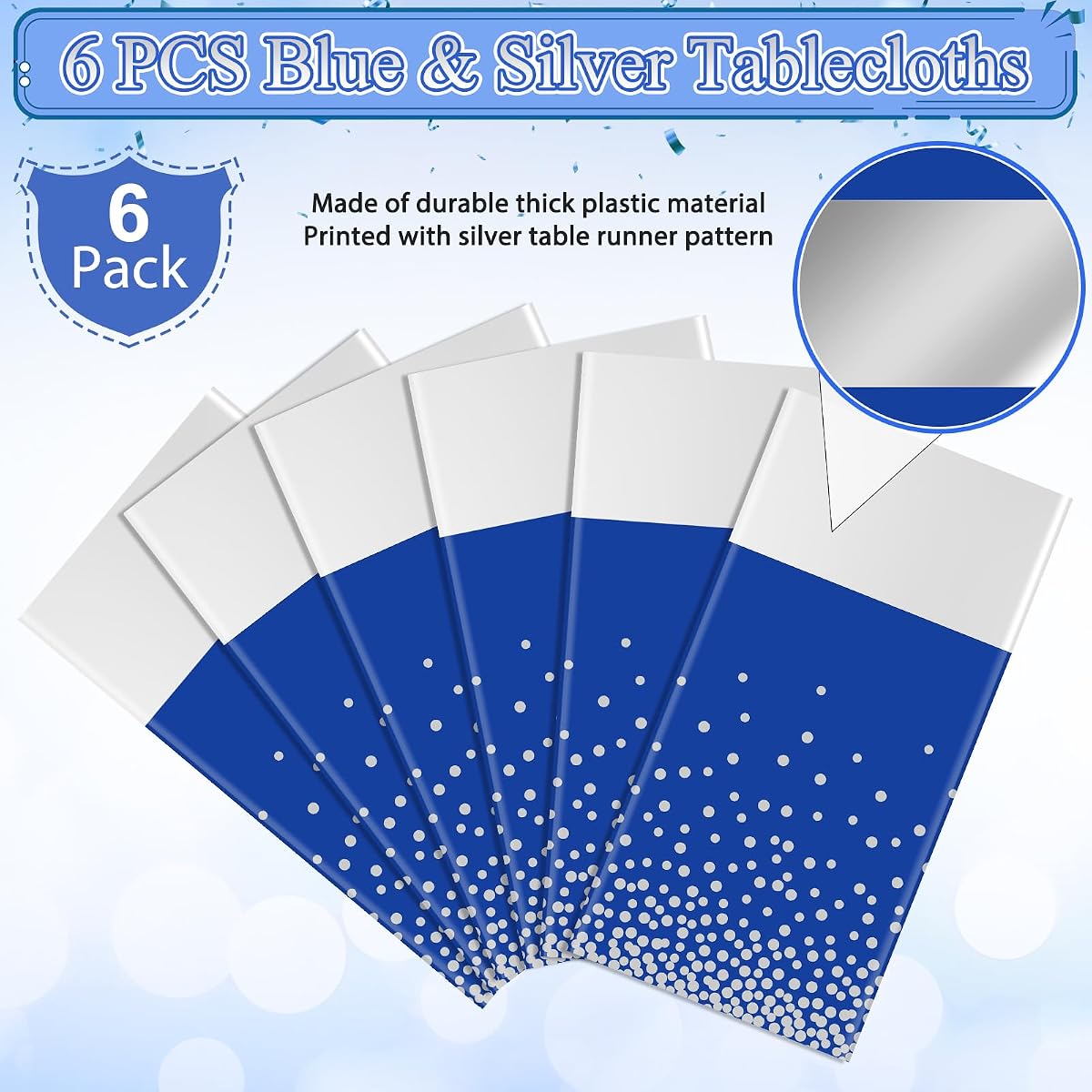 Silver and Royal Blue Tablecloth and Runner Set, 54 x 108 inch, 6 pack view 4