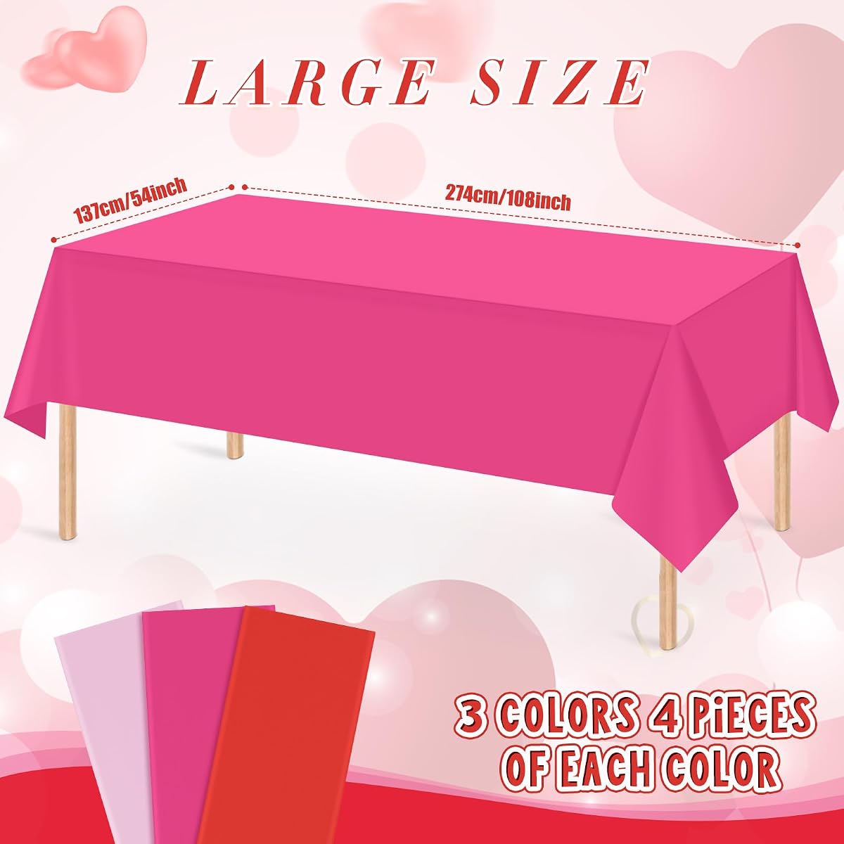 Valentines Red and Pink Rectangle Tablecloth, 54 x 108 inch, 12 pack view 2