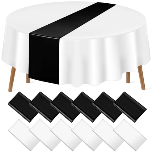 White and Black Round Tablecloth and Runner Set, 84 inch round, 12 pack