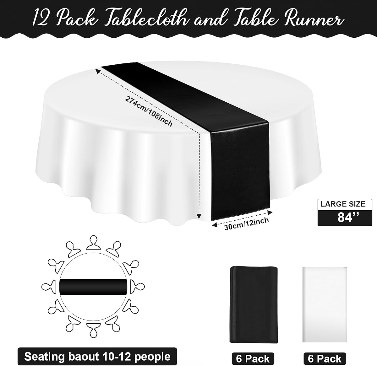 White and Black Round Tablecloth and Runner Set, 84 inch round, 12 pack view 2