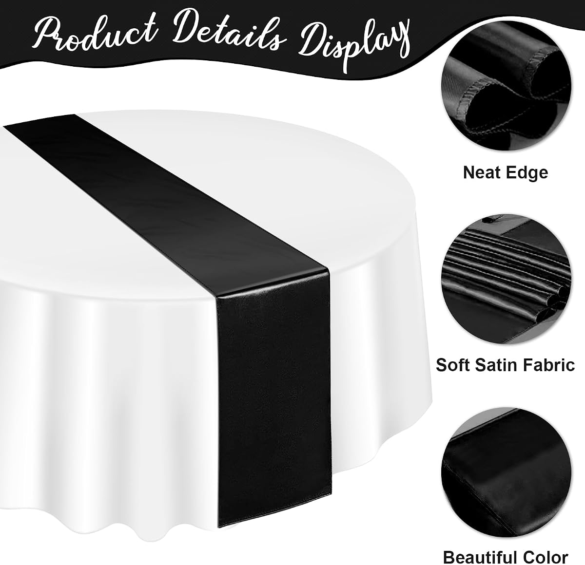 White and Black Round Tablecloth and Runner Set, 84 inch round, 12 pack view 3