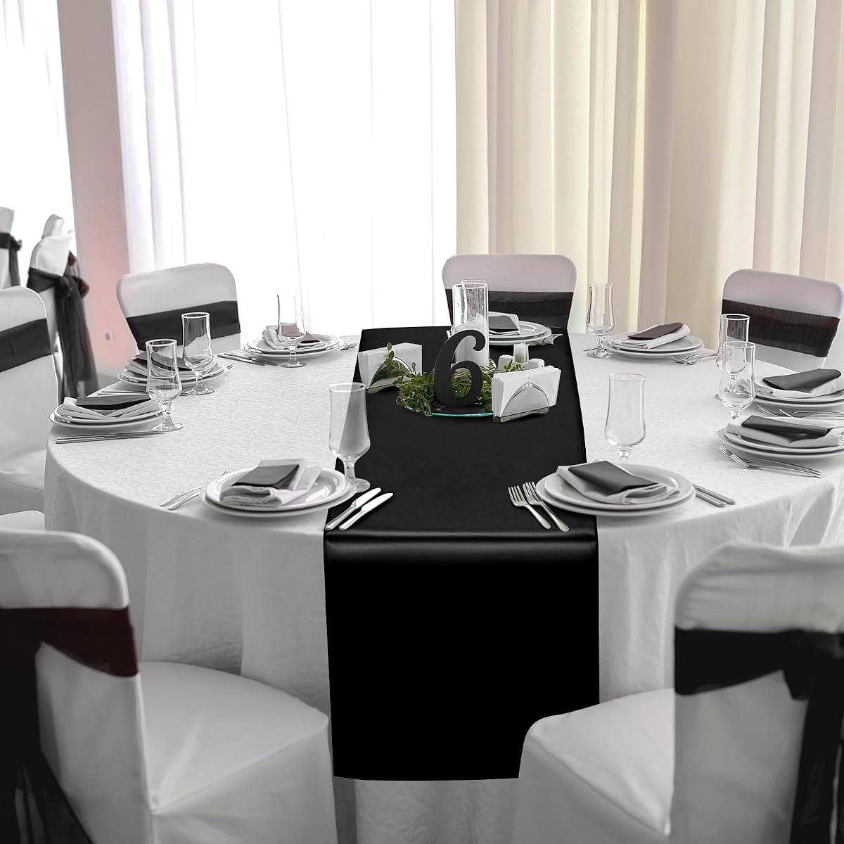 White and Black Round Tablecloth and Runner Set, 84 inch round, 12 pack view 4